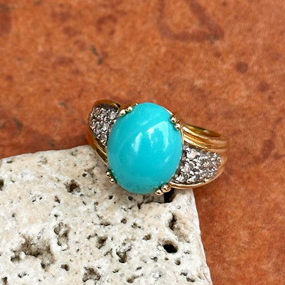 Estate 14KT Yellow Gold Oval Turquoise + Diamond Band Ring