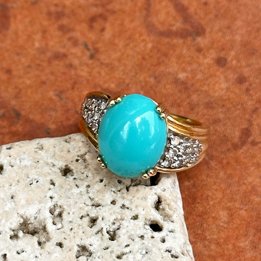 Estate 14KT Yellow Gold Oval Turquoise + Diamond Band Ring