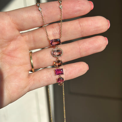 Estate 14KT Yellow Gold Multi Colored Pink Tourmaline + Diamond Y Pendant Necklace - LSJ