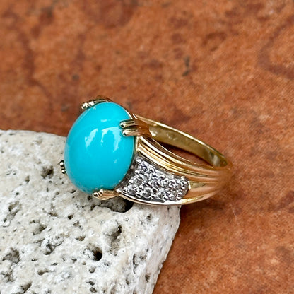 Estate 14KT Yellow Gold Oval Turquoise + Diamond Band Ring