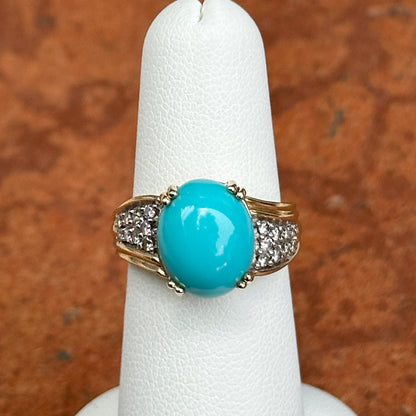 Estate 14KT Yellow Gold Oval Turquoise + Diamond Band Ring