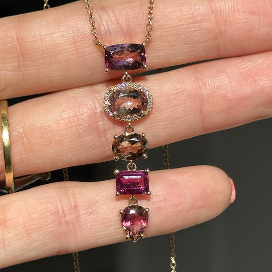 Estate 14KT Yellow Gold Multi Colored Pink Tourmaline + Diamond Y Pendant Necklace - LSJ