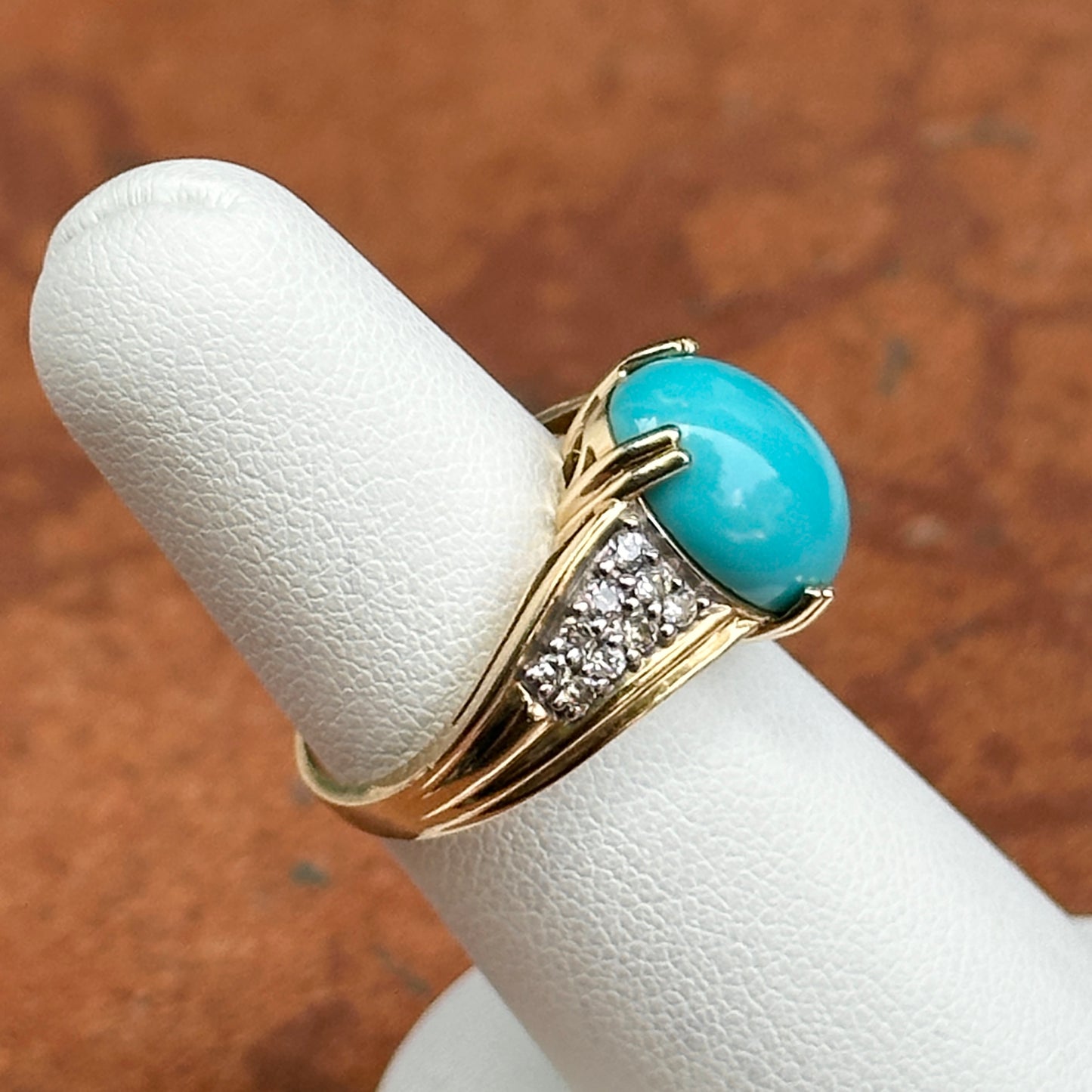 Estate 14KT Yellow Gold Oval Turquoise + Diamond Band Ring