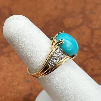 Estate 14KT Yellow Gold Oval Turquoise + Diamond Band Ring