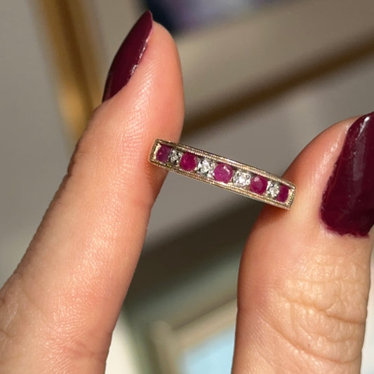 Estate 14KT Yellow Gold Ruby + Diamond Band Ring