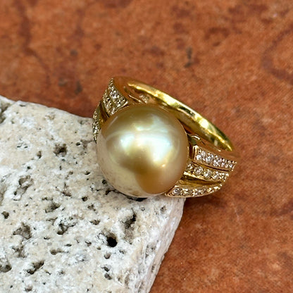 Estate 18KT Yellow Gold Golden Pearl + Diamond Ring