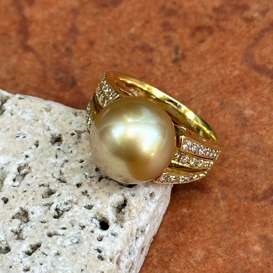 Estate 18KT Yellow Gold Golden Pearl + Diamond Ring