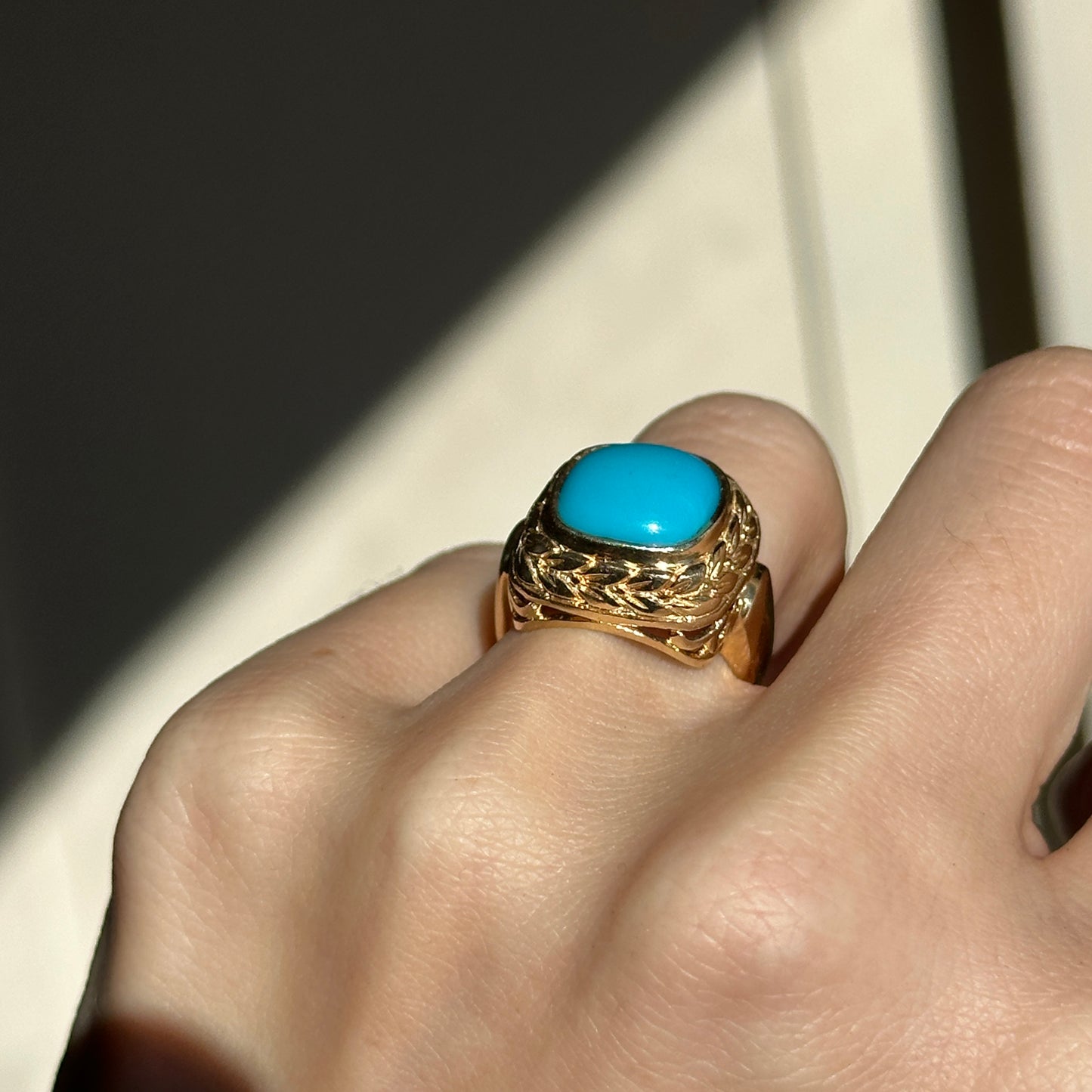 14KT Yellow Gold Sleeping Beauty Turquoise Cabochon Byzantine Ring 4.5 - LSJ