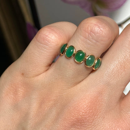 18KT Yellow Gold Cabochon 4.95 CT Oval Emerald Eternity Band Ring