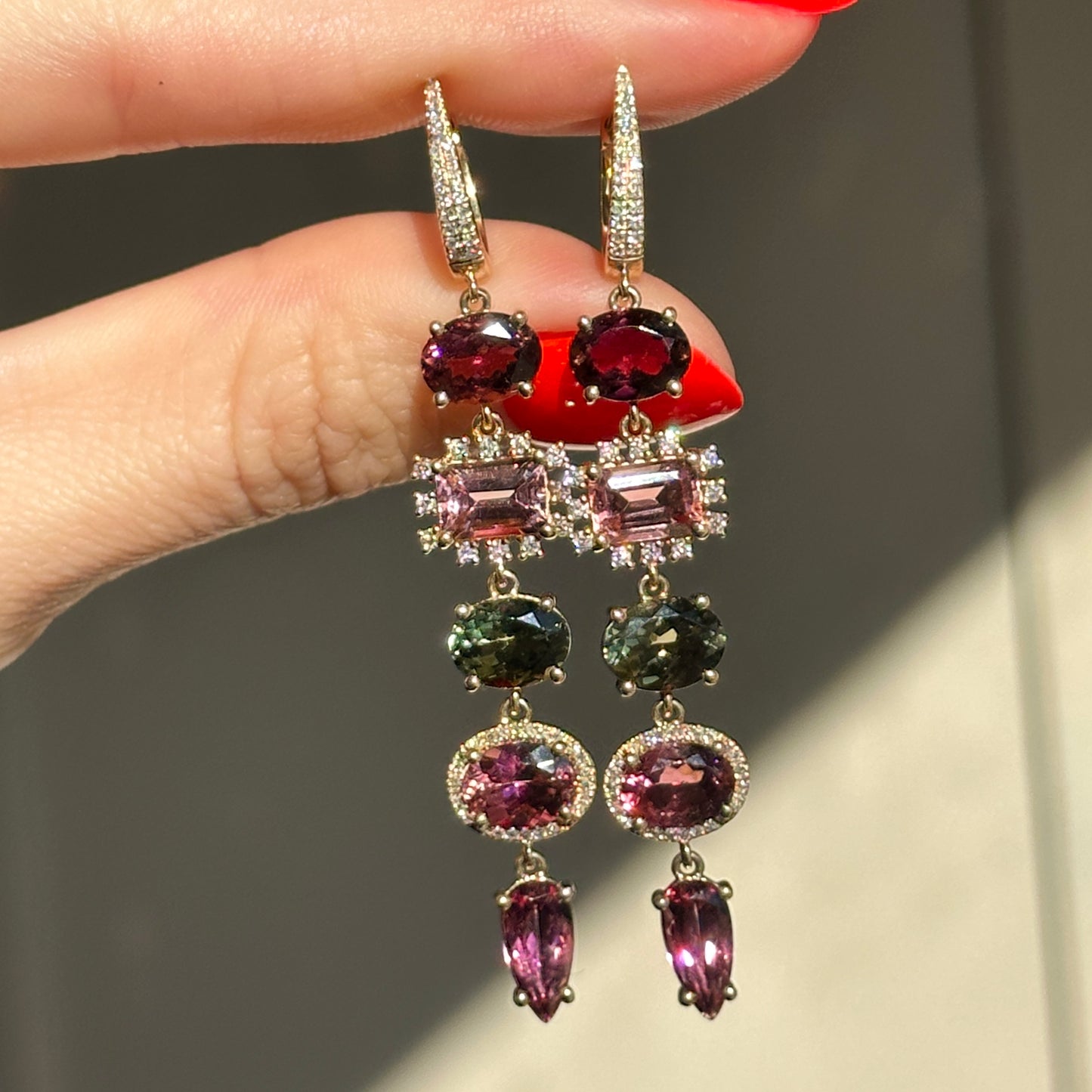 Estate 14KT Yellow Gold Multi Colored Pink + Green Tourmaline Diamond Dangle Hoop Earrings - LSJ