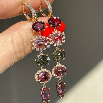 Estate 14KT Yellow Gold Multi Colored Pink + Green Tourmaline Diamond Dangle Hoop Earrings - LSJ