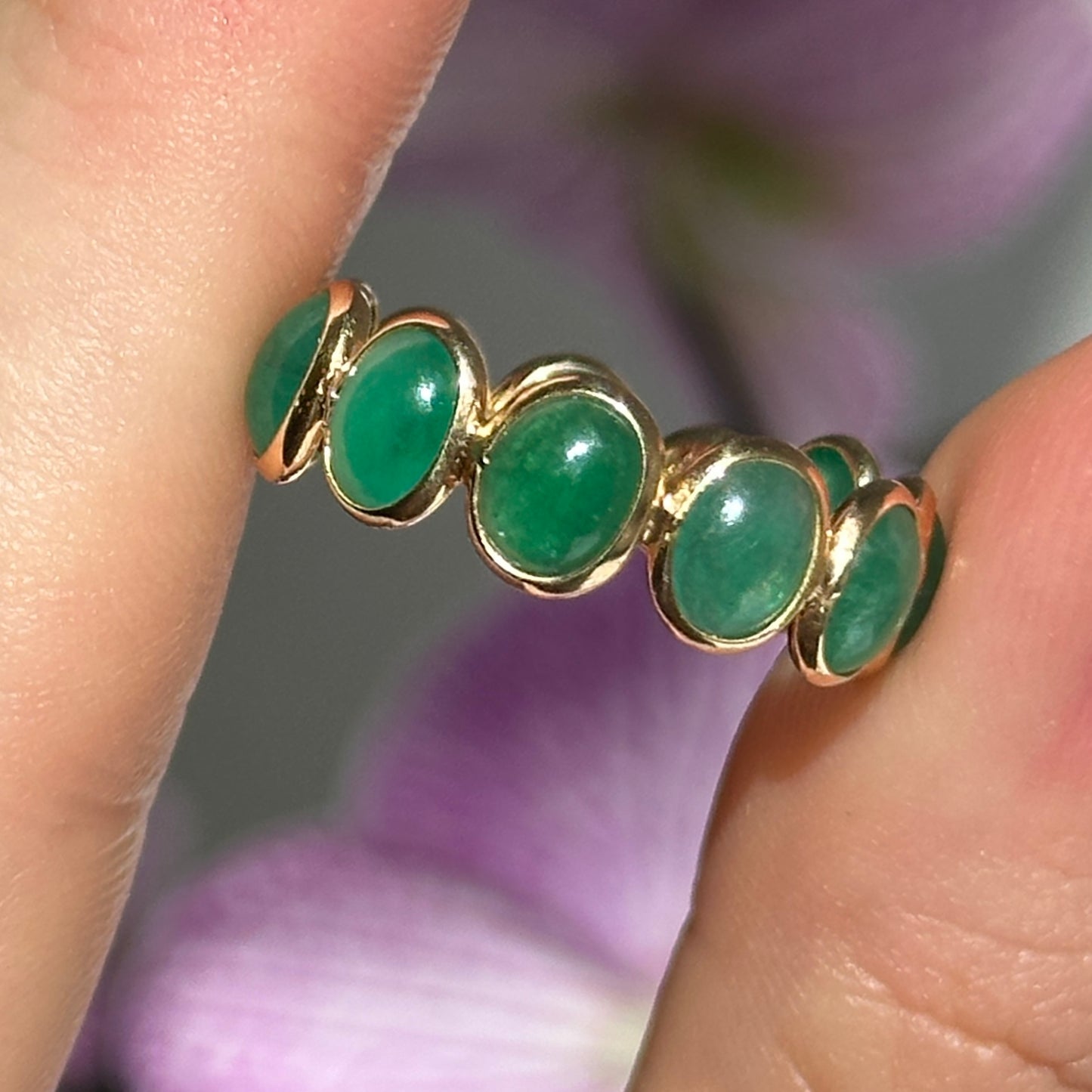 18KT Yellow Gold Cabochon 4.95 CT Oval Emerald Eternity Band Ring