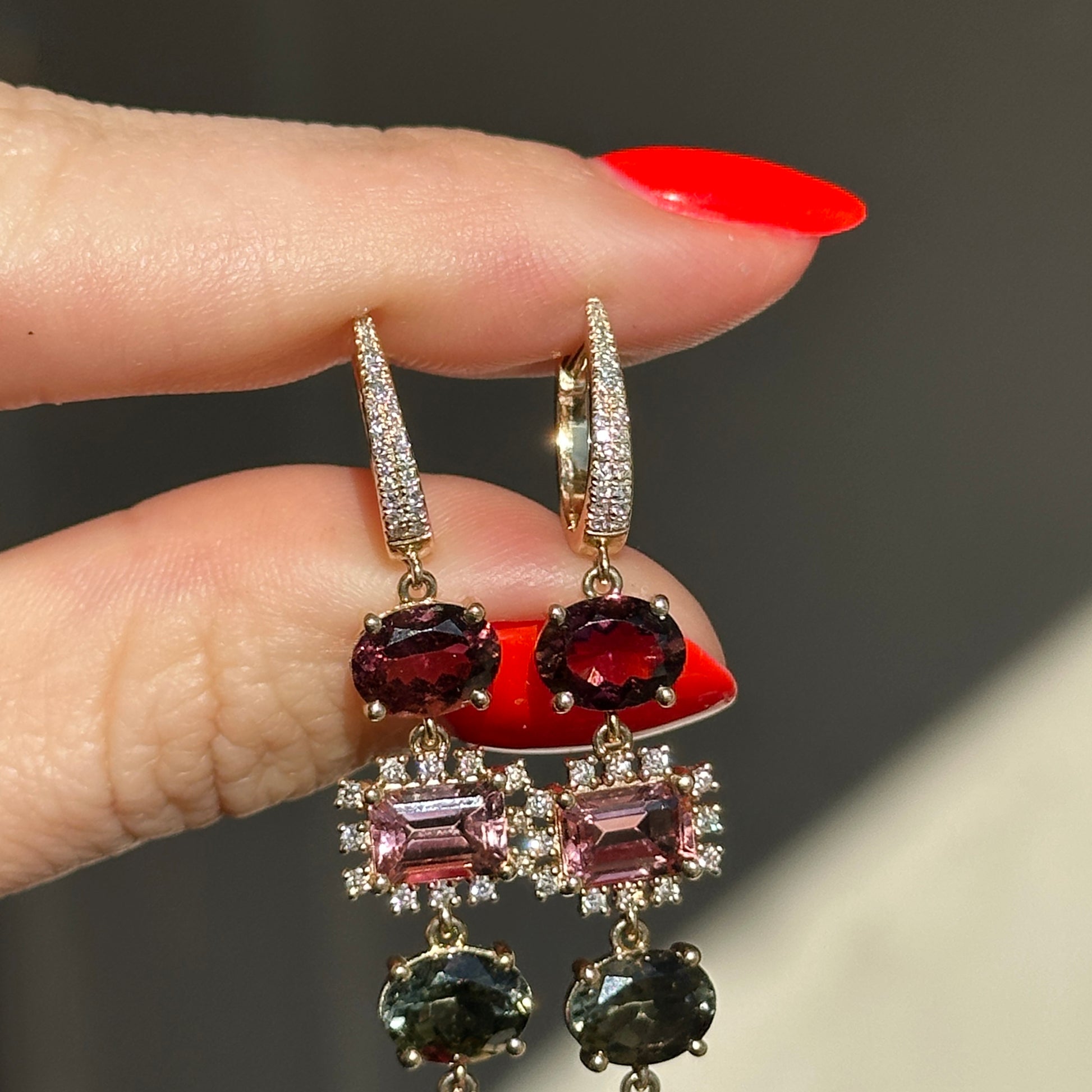 Estate 14KT Yellow Gold Multi Colored Pink + Green Tourmaline Diamond Dangle Hoop Earrings - LSJ