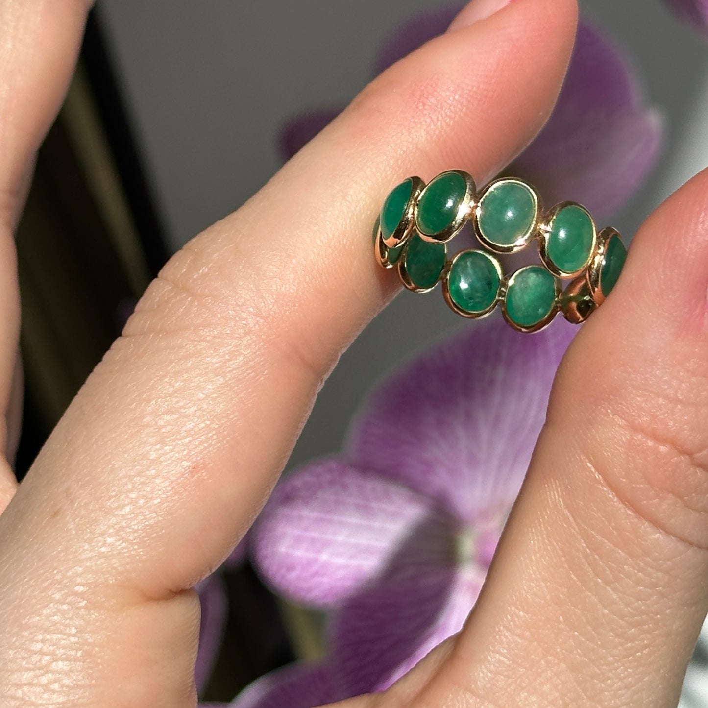 18KT Yellow Gold Cabochon 4.95 CT Oval Emerald Eternity Band Ring