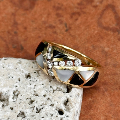 Estate 14KT Yellow Gold Mother of Pearl, Onyx, + Diamaond Ring