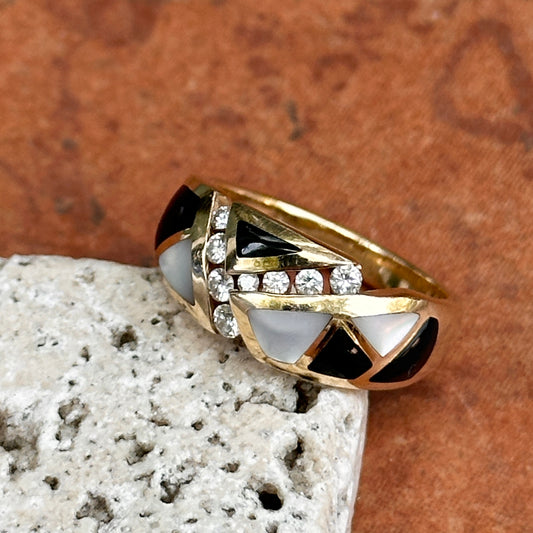 Estate 14KT Yellow Gold Mother of Pearl, Onyx, + Diamaond Ring