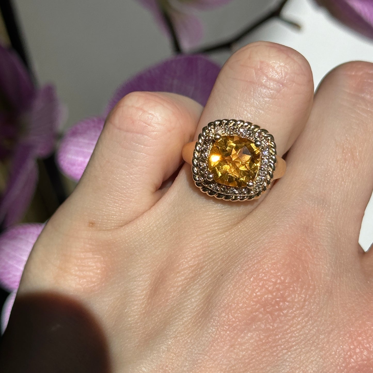 Estate 14KT Yellow Gold Cushion Citrine + Diamond Halo Ring