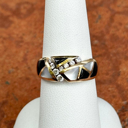 Estate 14KT Yellow Gold Mother of Pearl, Onyx, + Diamaond Ring