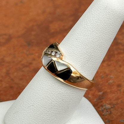 Estate 14KT Yellow Gold Mother of Pearl, Onyx, + Diamaond Ring