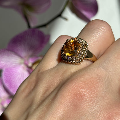 Estate 14KT Yellow Gold Cushion Citrine + Diamond Halo Ring