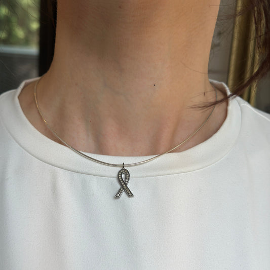 Sterling Silver Pave Diamond Cancer Awareness Ribbon Pendant Charm - LSJ