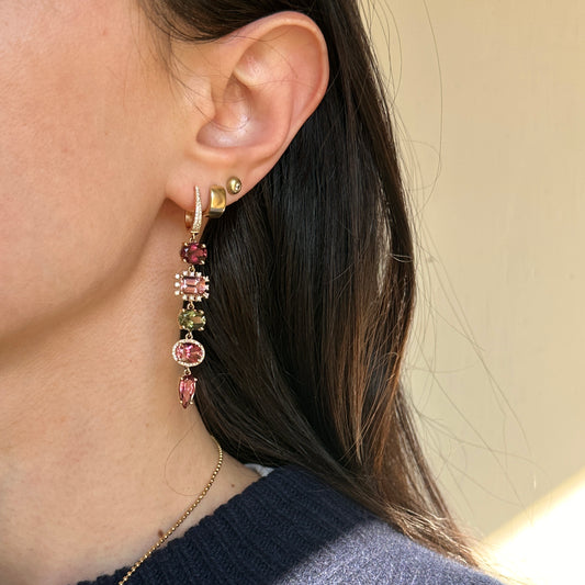Estate 14KT Yellow Gold Multi Colored Pink + Green Tourmaline Diamond Dangle Hoop Earrings - LSJ