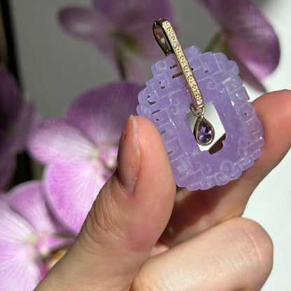 Estate 14KT Yellow Gold Carved Purple Jadeite, Amethyst + Diamond Pendant