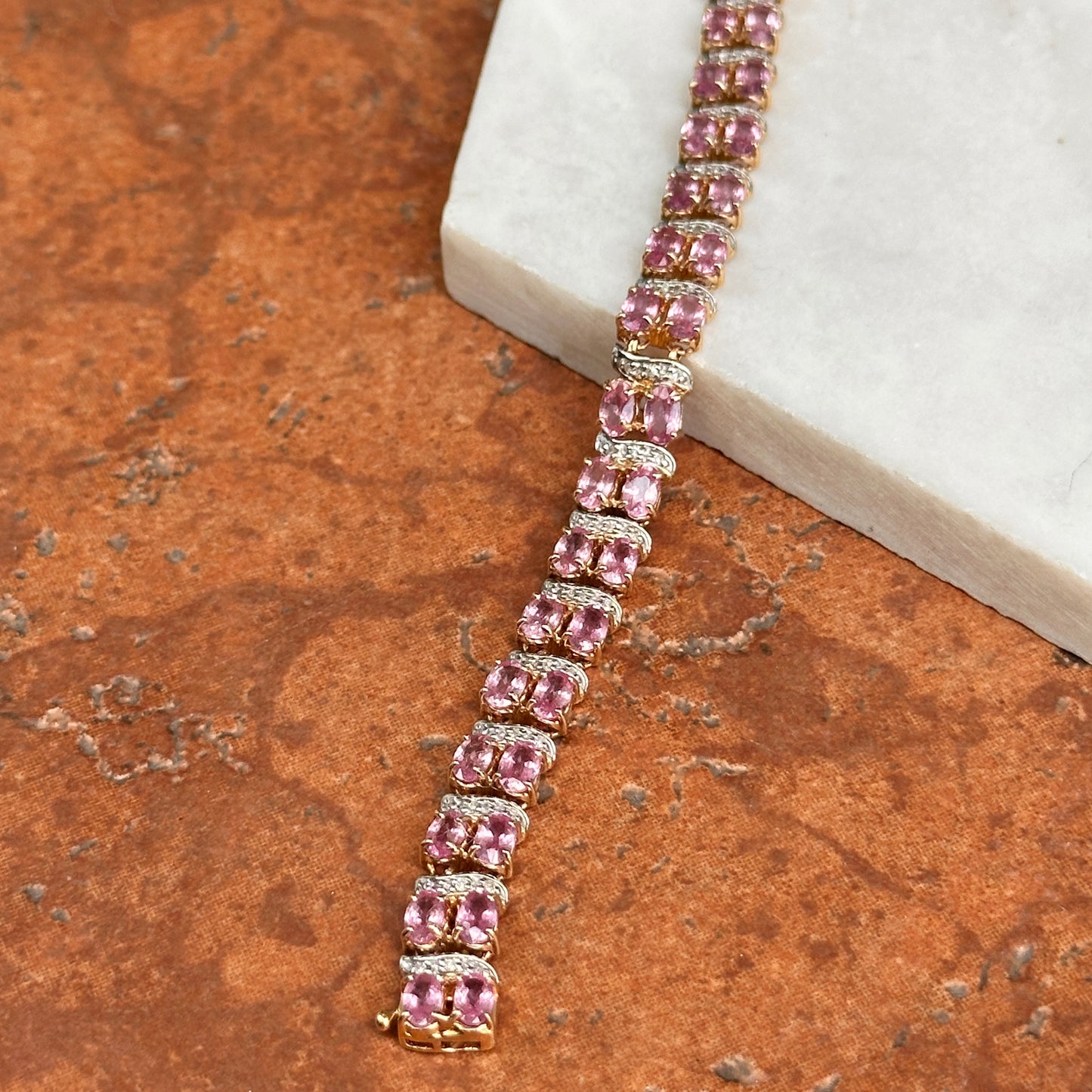 Estate 14KT Yellow Gold Pink Sapphire + Diamond Tennis Bracelet