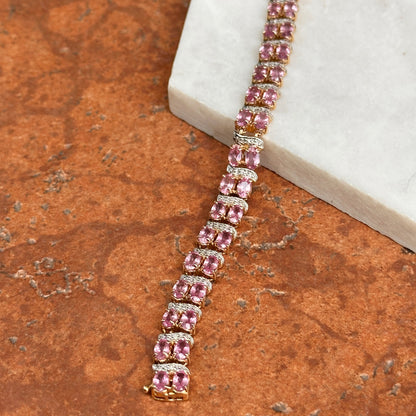 Estate 14KT Yellow Gold Pink Sapphire + Diamond Tennis Bracelet