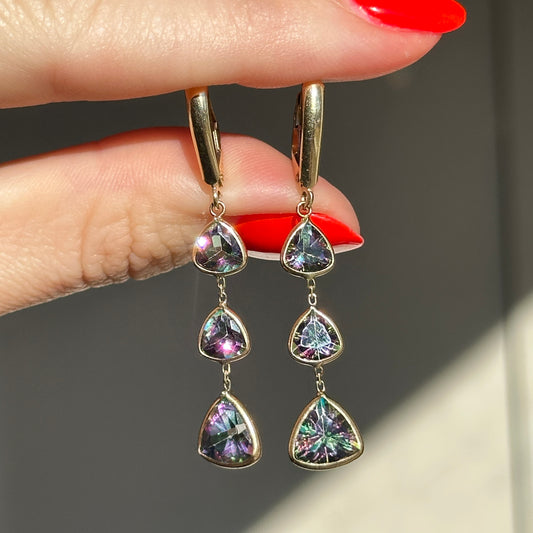 Estate 14KT Yellow Gold Trillion Faceted Mystic Topaz Bezel Dangle Earrings - LSJ
