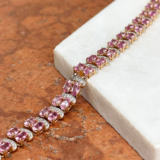 Estate 14KT Yellow Gold Pink Sapphire + Diamond Tennis Bracelet