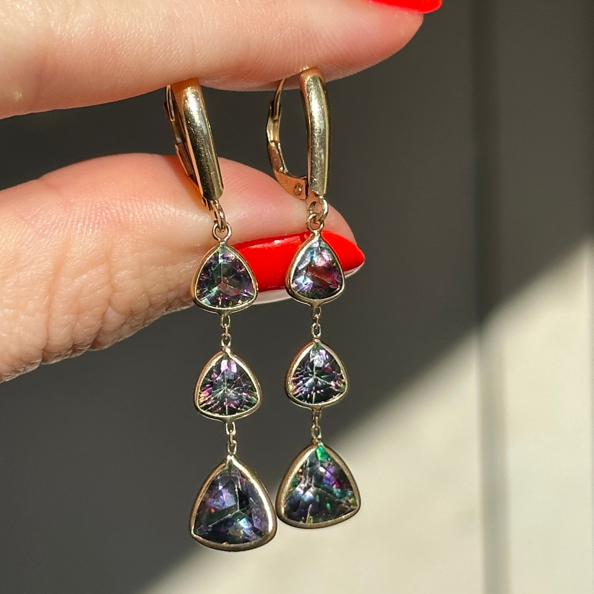 Estate 14KT Yellow Gold Trillion Faceted Mystic Topaz Bezel Dangle Earrings - LSJ