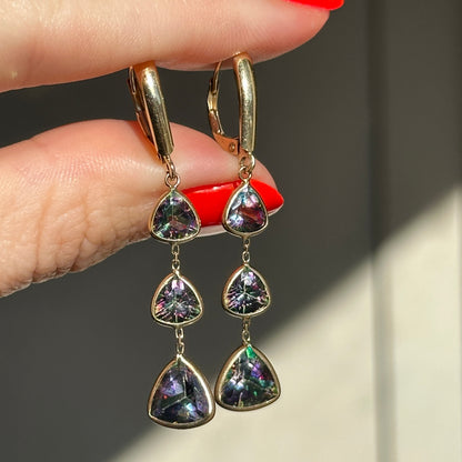 Estate 14KT Yellow Gold Trillion Faceted Mystic Topaz Bezel Dangle Earrings - LSJ