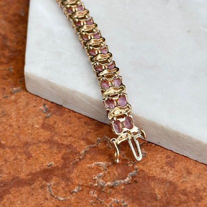 Estate 14KT Yellow Gold Pink Sapphire + Diamond Tennis Bracelet