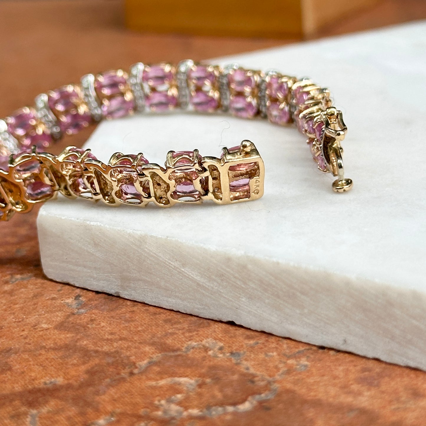 Estate 14KT Yellow Gold Pink Sapphire + Diamond Tennis Bracelet