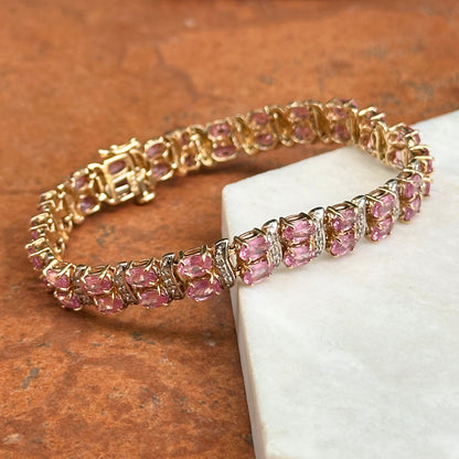 Estate 14KT Yellow Gold Pink Sapphire + Diamond Tennis Bracelet