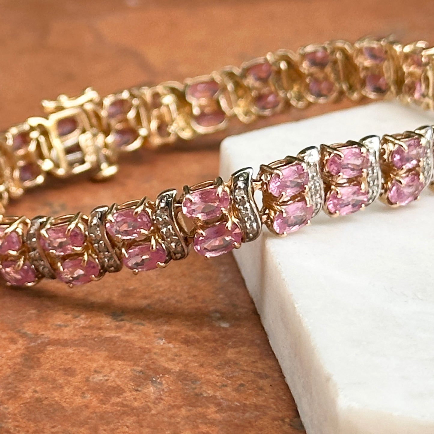 Estate 14KT Yellow Gold Pink Sapphire + Diamond Tennis Bracelet