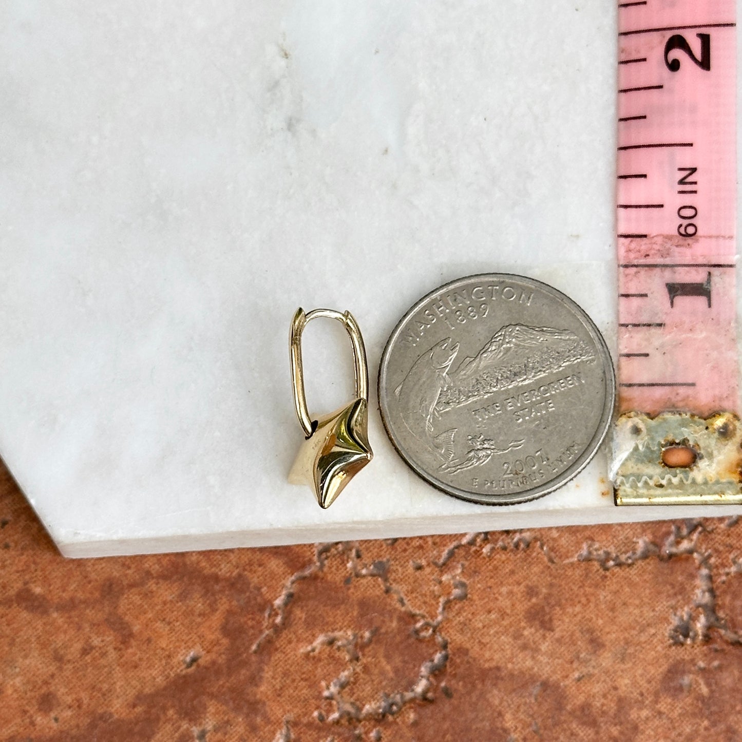 14KT Yellow Gold Shiny Small Hoop + Puffed Star Charms Earrings