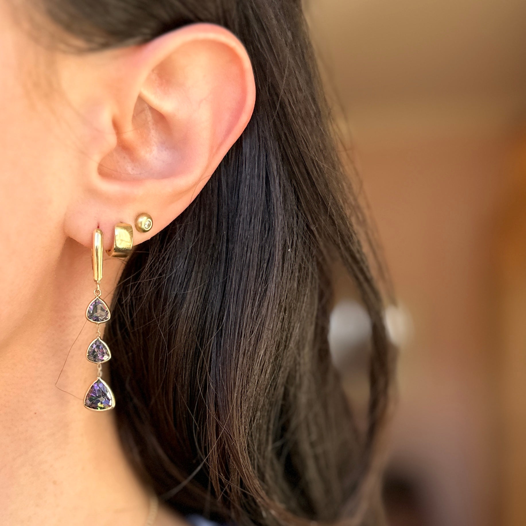 Estate 14KT Yellow Gold Trillion Faceted Mystic Topaz Bezel Dangle Earrings - LSJ