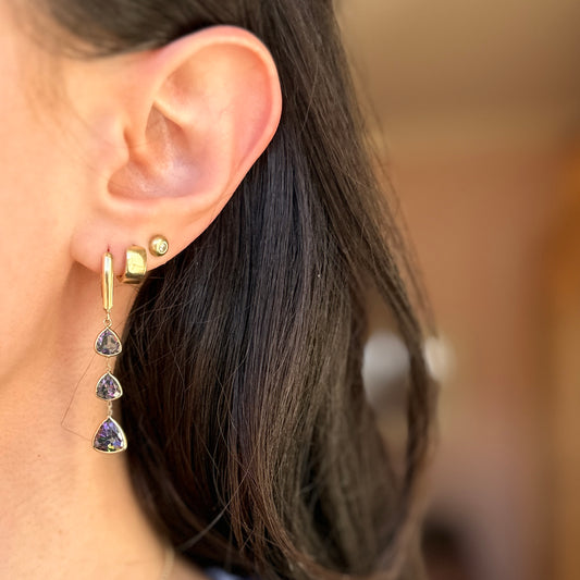 Estate 14KT Yellow Gold Trillion Faceted Mystic Topaz Bezel Dangle Earrings - LSJ