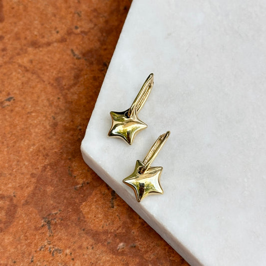 14KT Yellow Gold Shiny Small Hoop + Puffed Star Charms Earrings