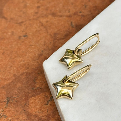 14KT Yellow Gold Shiny Small Hoop + Puffed Star Charms Earrings