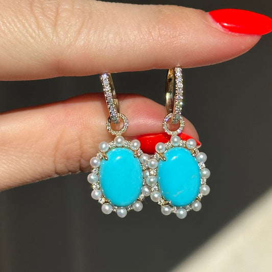 Estate 14KT Yellow Gold Oval Sleeping Beauty Turquoise Seed Pearls Diamond Hoop Earrings - LSJ