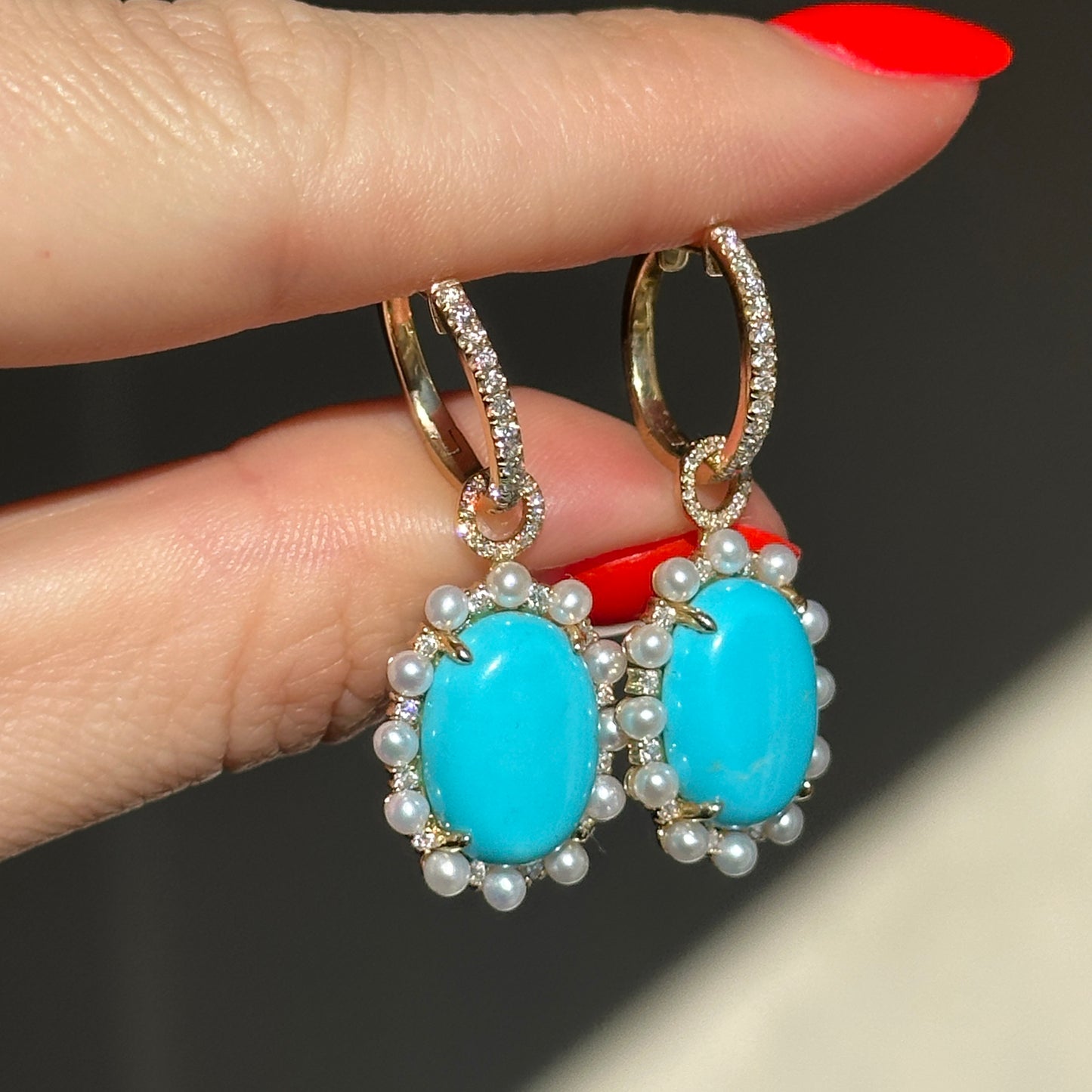 Estate 14KT Yellow Gold Oval Sleeping Beauty Turquoise Seed Pearls Diamond Hoop Earrings - LSJ