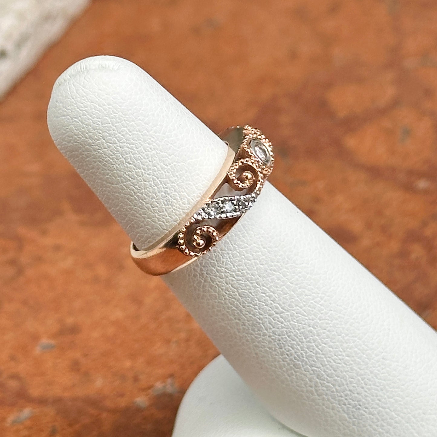 Estate 14KT Rose Gold Diamond Miligrain Swirl Ring