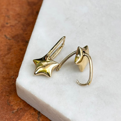 14KT Yellow Gold Shiny Small Hoop + Puffed Star Charms Earrings