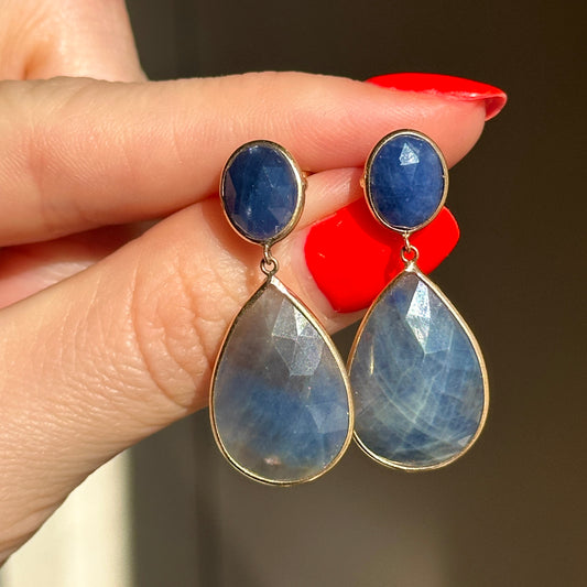 Estate 14KT Yellow Gold Oval Faceted + Pear Teardrop Blue Sapphire Dangle Drop Earrings - LSJ
