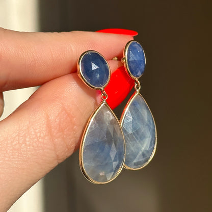 Estate 14KT Yellow Gold Oval Faceted + Pear Teardrop Blue Sapphire Dangle Drop Earrings - LSJ