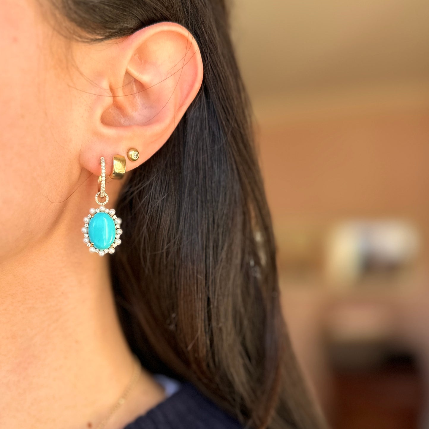 Estate 14KT Yellow Gold Oval Sleeping Beauty Turquoise Seed Pearls Diamond Hoop Earrings - LSJ