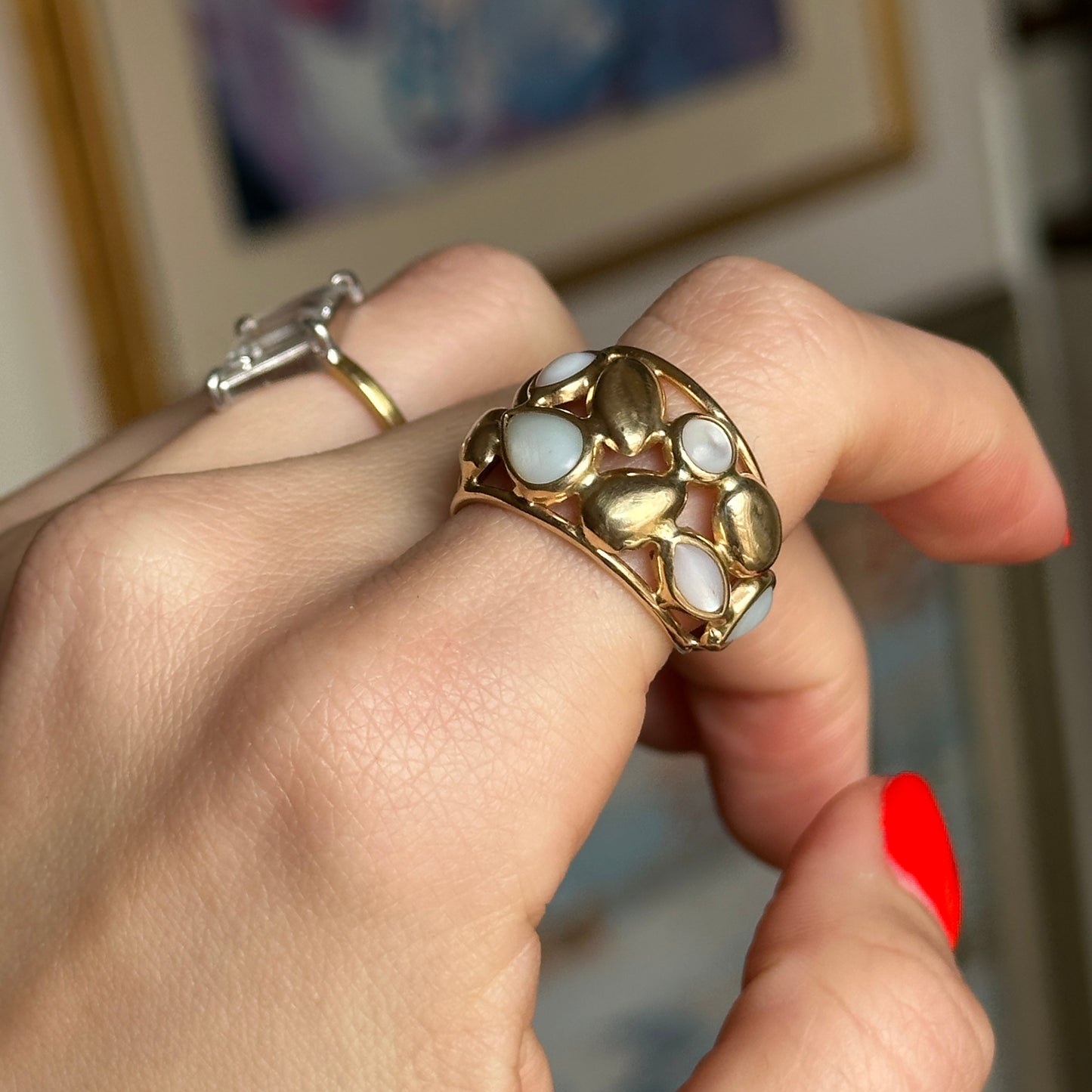 Estate 14KT Yellow Gold Opal + Moonstone Statement Cigar Band Ring Adjustable - LSJ